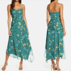HARLYN Strapless Floral Midi Dress Asymmetrical Green Chiffon Flowy L Ruched